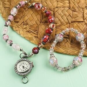 PRETTY Pink & RED GLASS FLOWERS MILLEFIORI STRETCH BRACELET & Watch